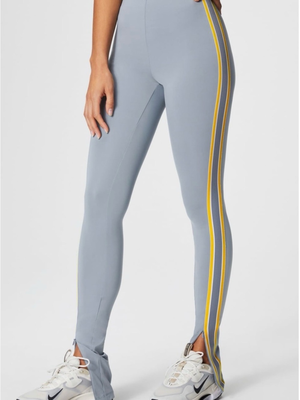 Fabletics Light Grey Leggings with Yellow Side Stripes-  Motion 365
